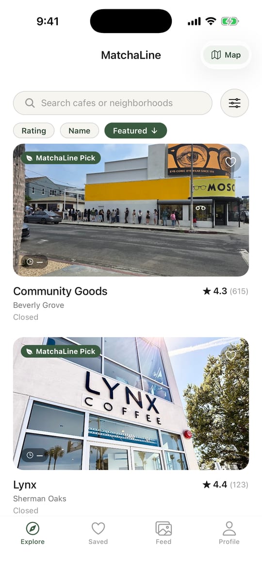 MatchaLine Explore feed — LA matcha cafés with photos and ratings