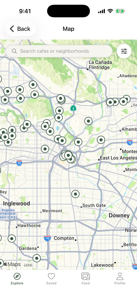 MatchaLine map of matcha cafés across Los Angeles